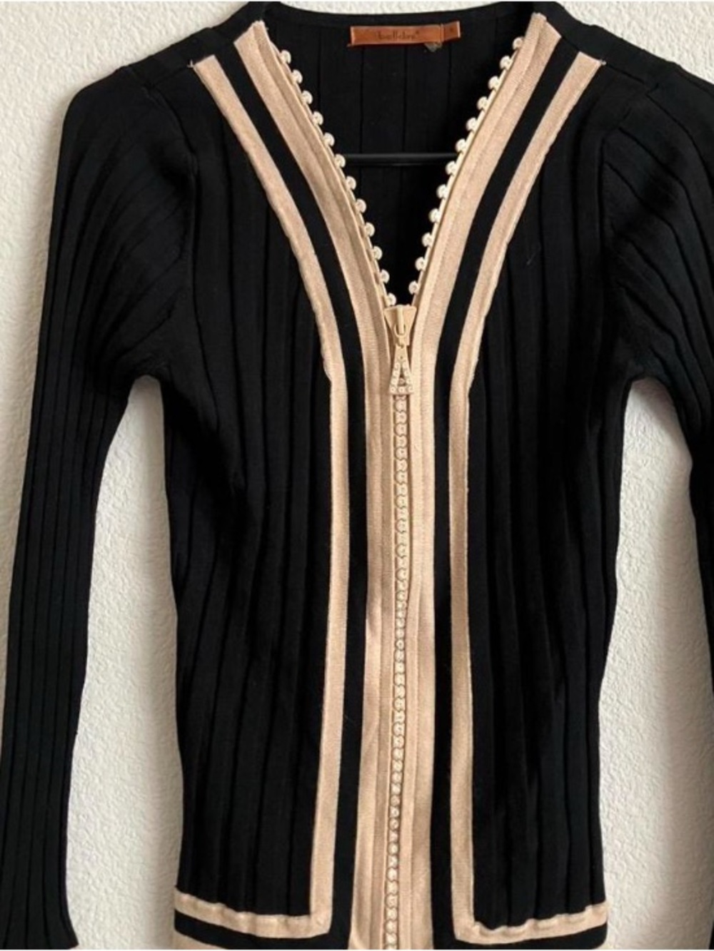 Belldini Black and Beige Zip-Front Ribbed Jacket